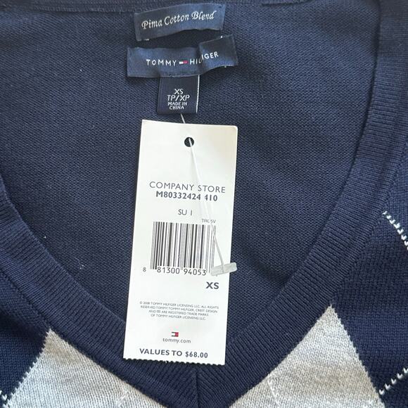 Tommy Hilfiger 100% Pima Cotton Argyle Blu and Pink V-Neck Sweater Sz XS NWT - Picture 6 of 11
